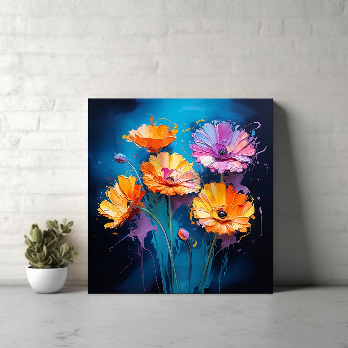 Orange Calendula Flowers Paint Splash Deep Blue Background Art Poster - Image 4