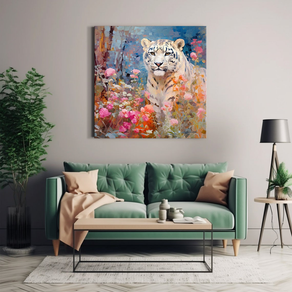 Snow Leopard Portrait Among Spring Blossoms Colorful Wildlife Poster - Image 2