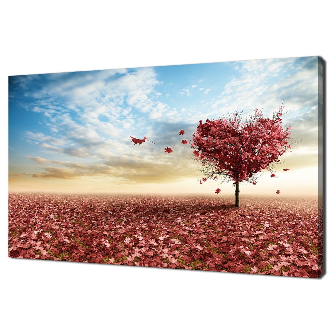 Red Maple Tree Shaped Like Heart Autumn Leaves Field Sunset Wall Art