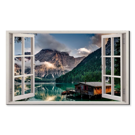 Wooden House On The Lake Braies Window View Window Frame Style Modern Design Home Decor Print Wall Art Picture Ready To Hang