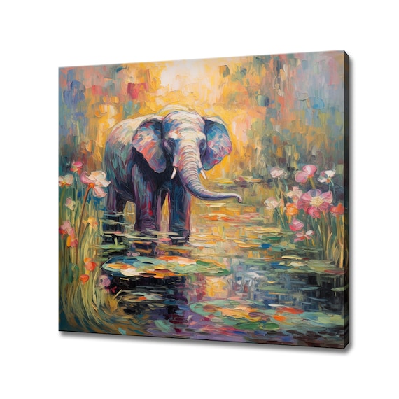 Baby Elephant In Lily Pond Pink Lotus Flowers Colourful Animal Poster
