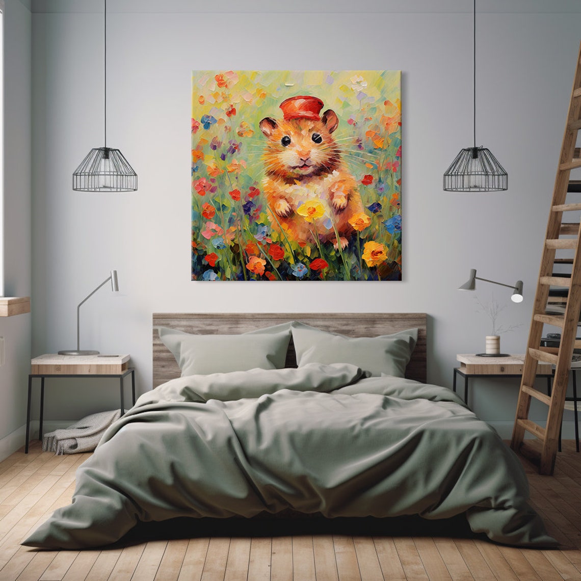 Cute Hamster Red Cap Wildflower Meadow Impressionist Animal Art Print - Image 2