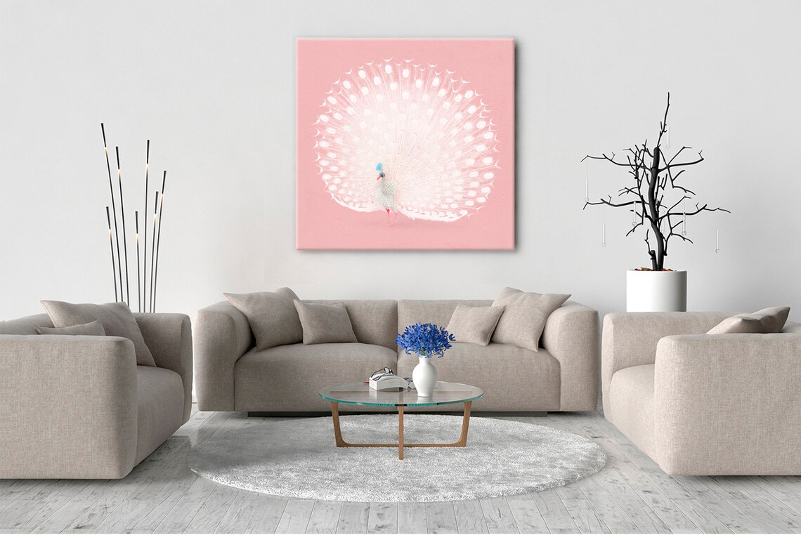 Vintage White Peacock, Pink Modern Design Art Print - Image 2