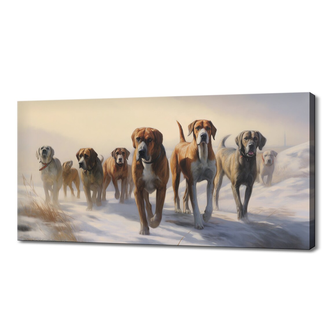 Hound Dogs Pack Walking Through Snow Golden Light Painted Dog Poster