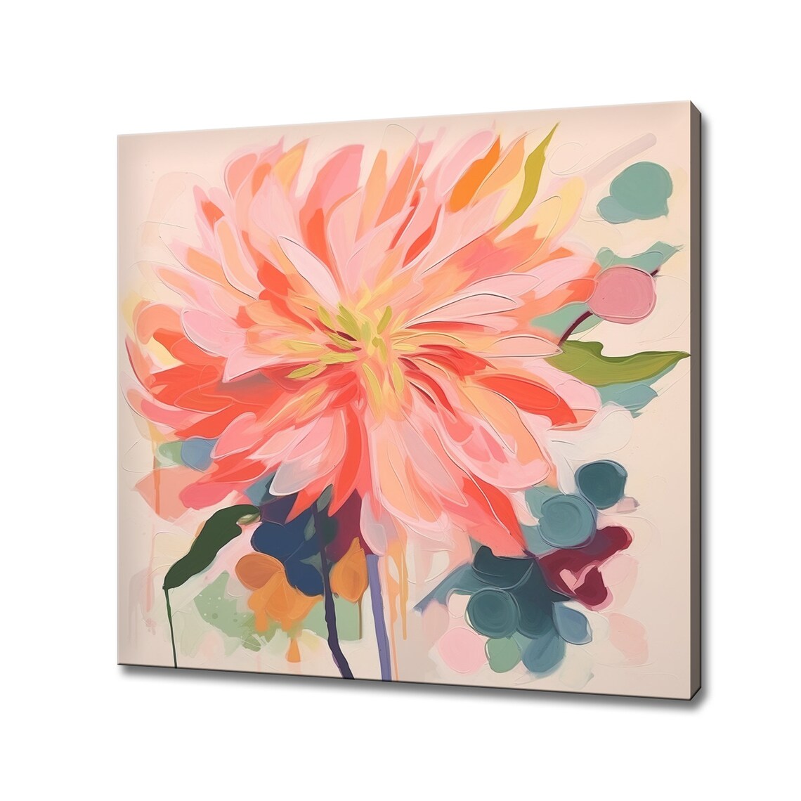 Coral Pink Dahlia Abstract Expressionist Floral Painting Wall Art