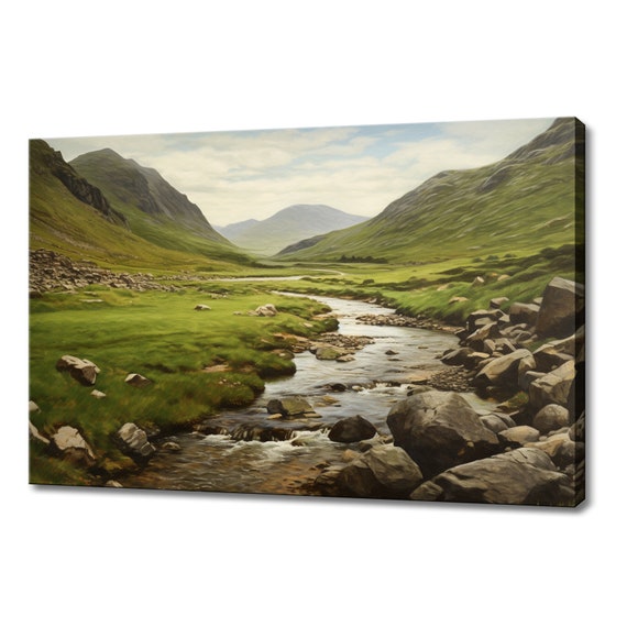 River In The Green Mountains Vintage Painting Style Print Farmhouse Decor Art Neutral Nature Picture Wall Hanging Fine Art Print