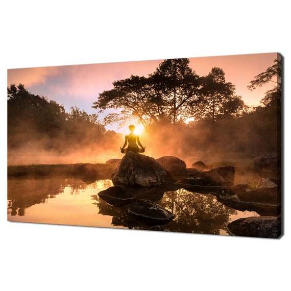 Woman Meditating By The Lake At Sunset Yoga Modern Design Home Decor Print Wall Art Picture