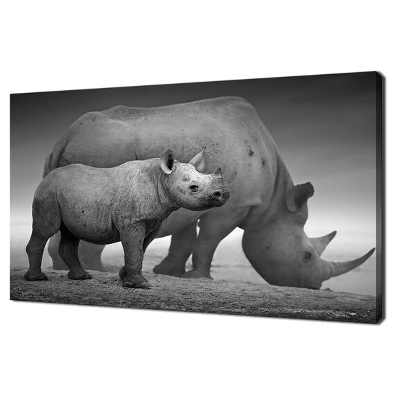 Rhino Mother Baby Black White Wildlife Photography Art Print