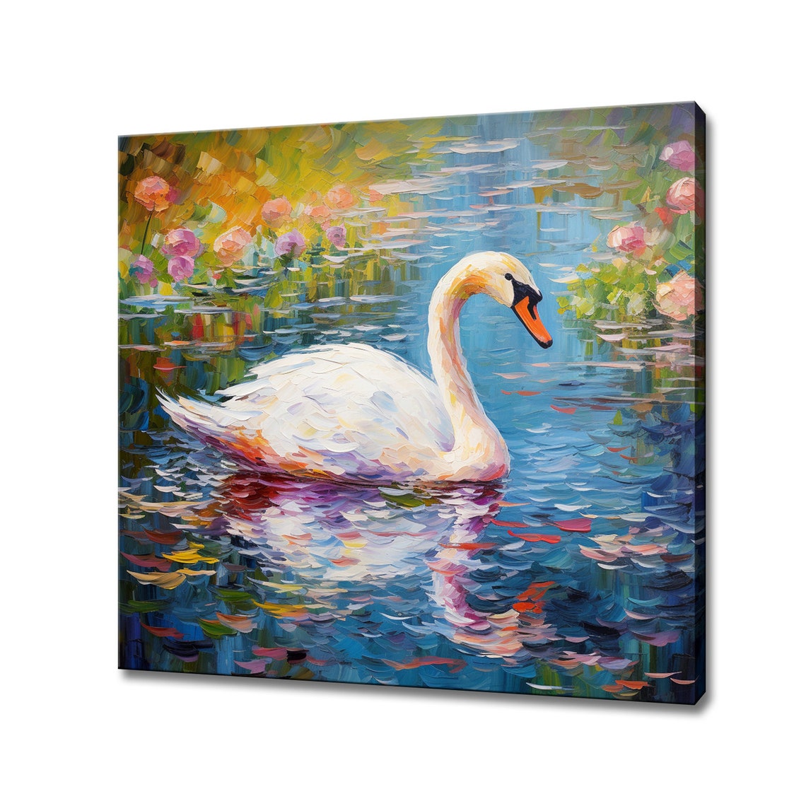 Elegant White Swan Gliding Across Blue Lake Oil Painting Poster