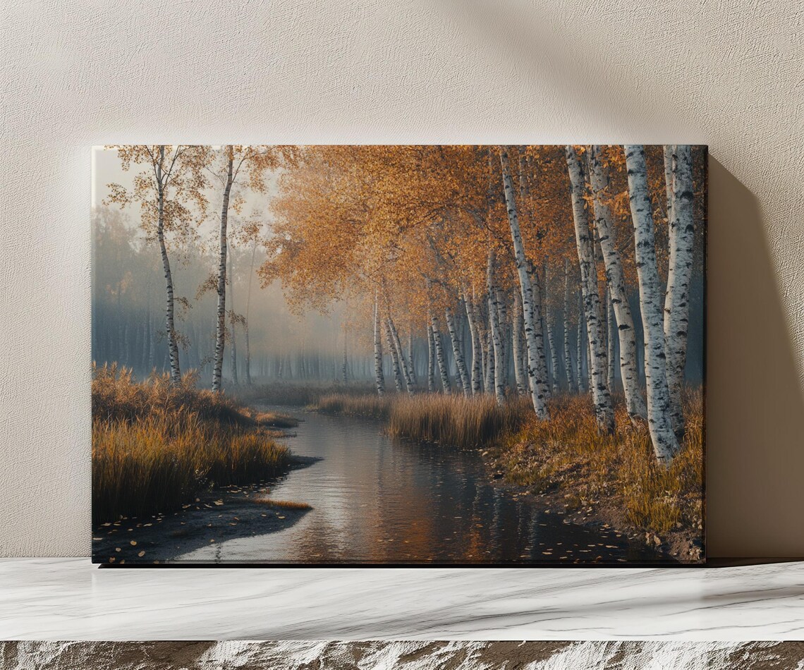 Golden Birch Forest Autumn River Sunlit Misty Woodland Scene Poster - Image 3