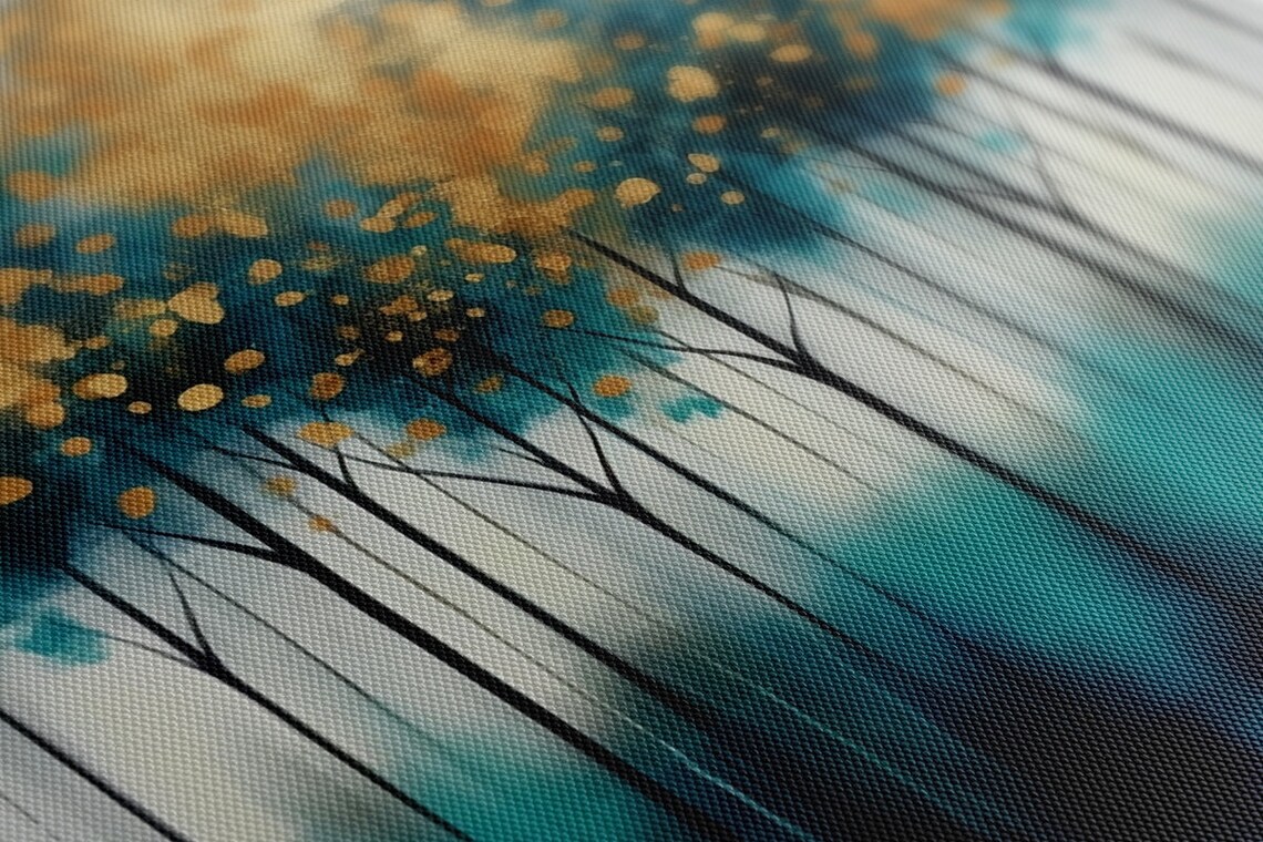 Abstract Teal Gold Forest Trees Landscape Art Print - Image 3