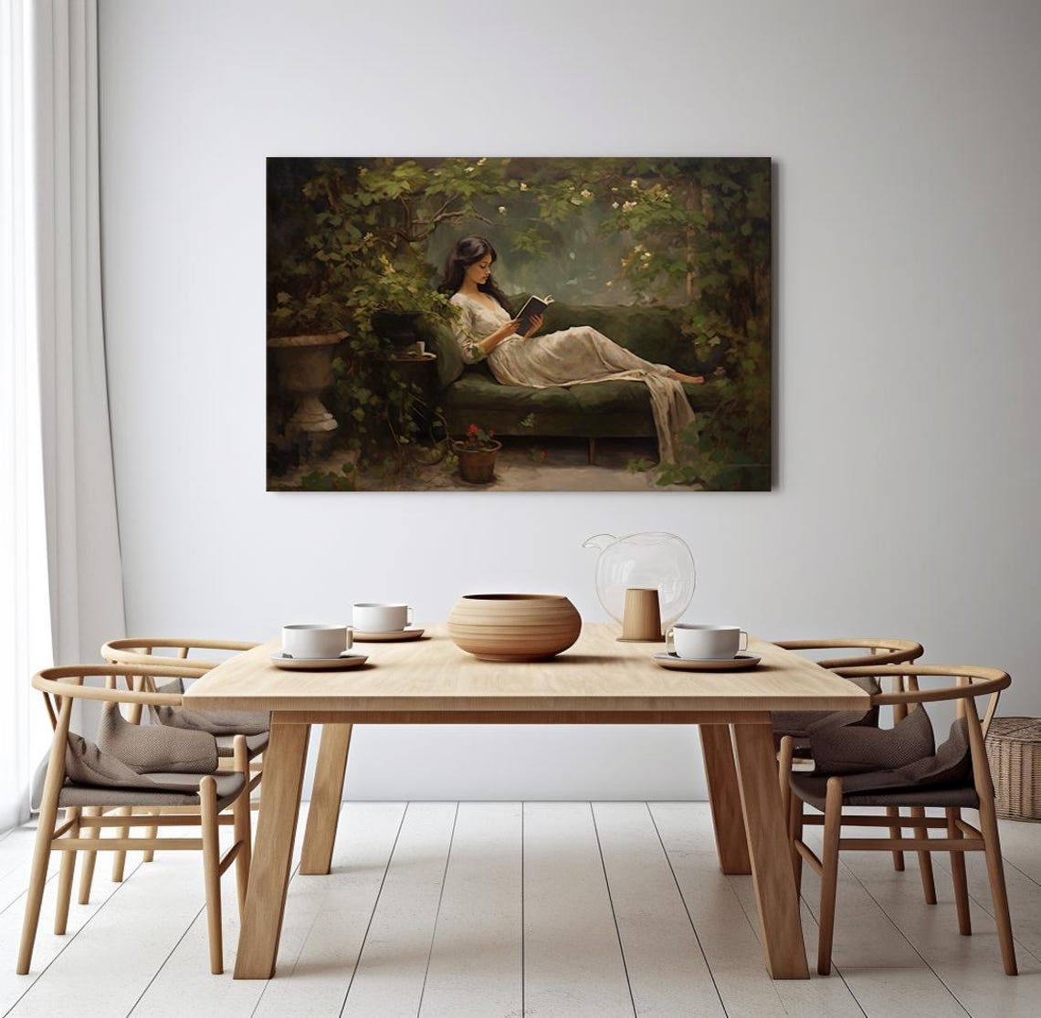Woman Reading A Book In The Green Garden Vintage Painting Style Print Farmhouse Decor Art Picture Wall Hanging Fine Art Print - Image 3