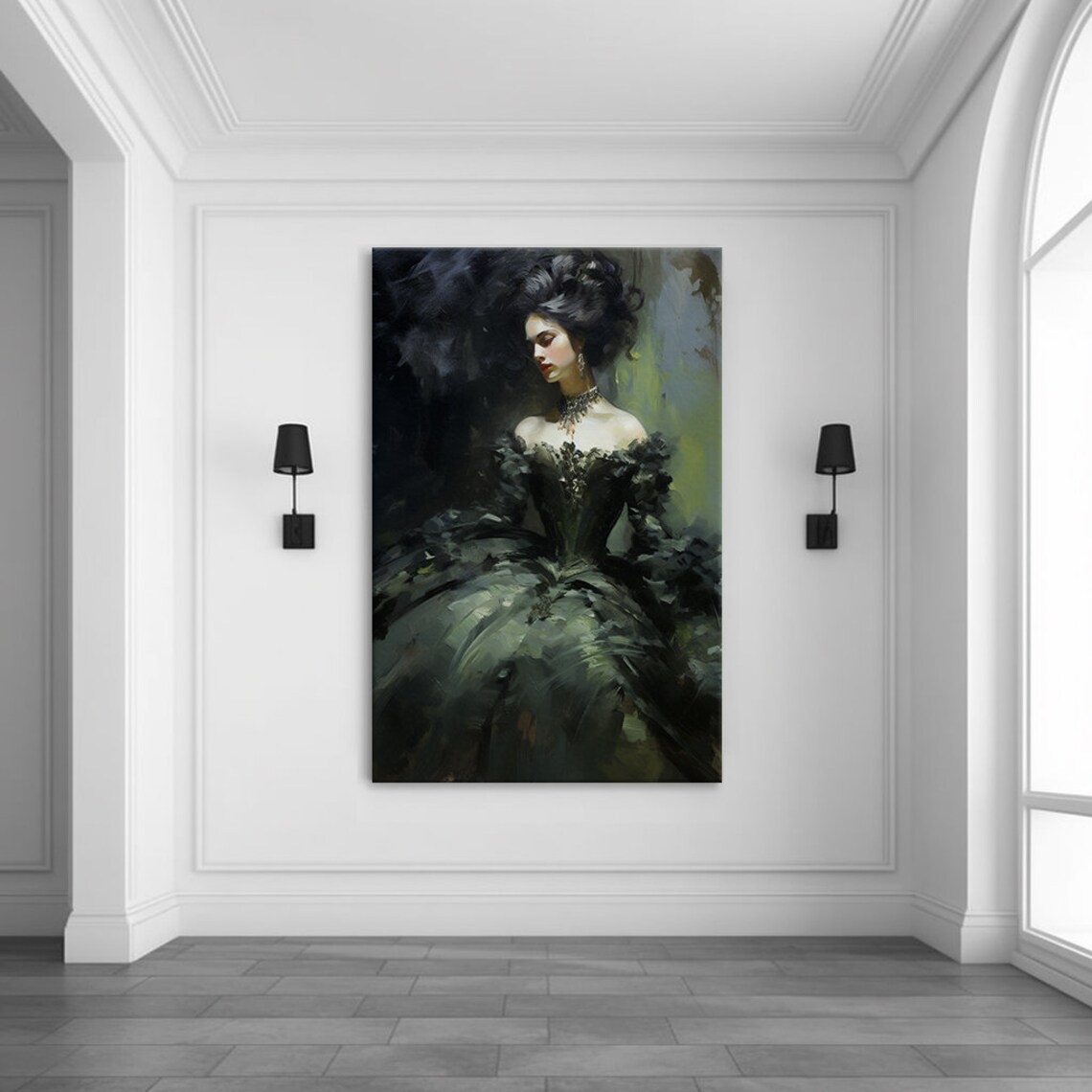 Elegant Lady in Sage Green Victorian Ball Gown Oil Painting Art Poster - Image 3