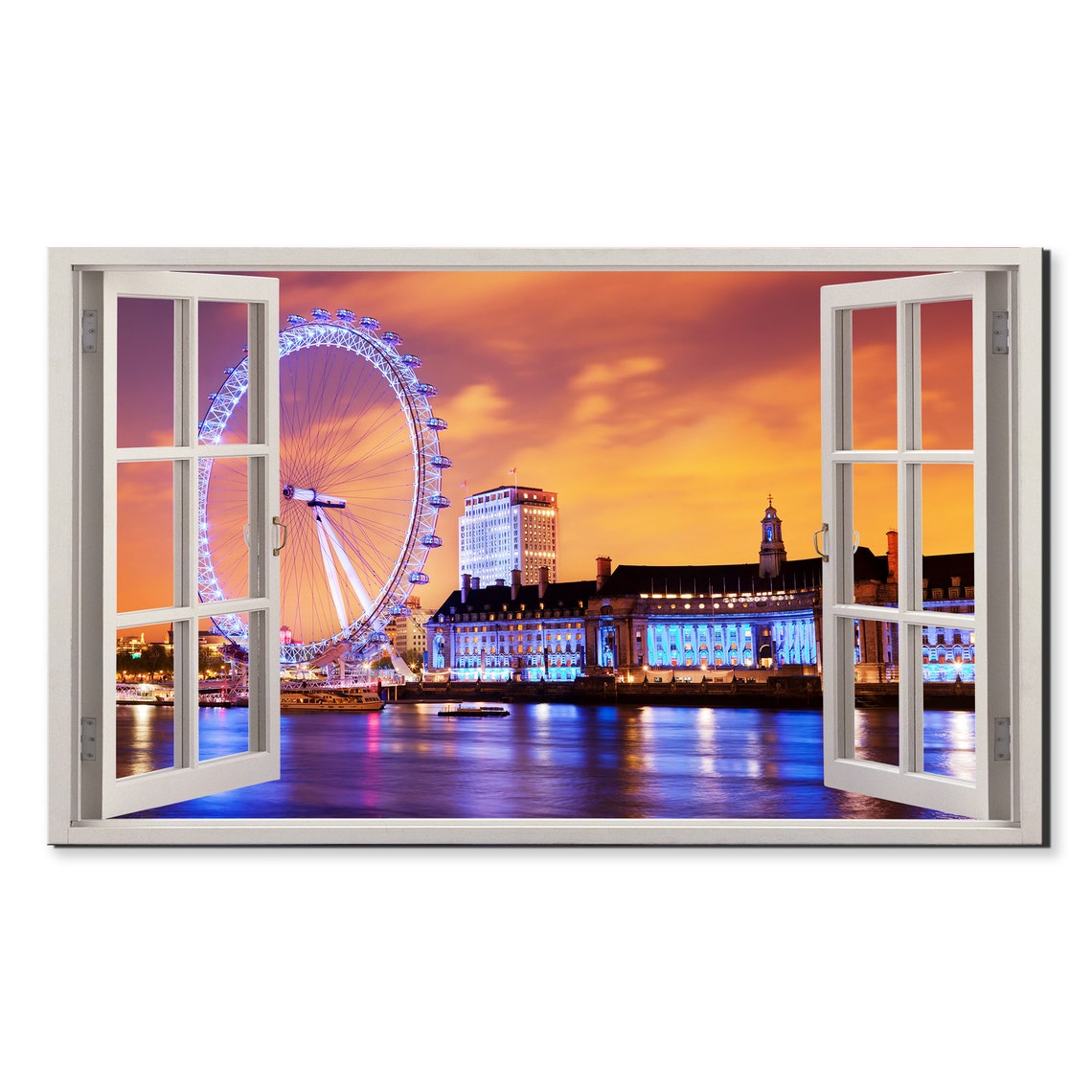London Eye Thames River Sunset Orange Sky Window View Poster