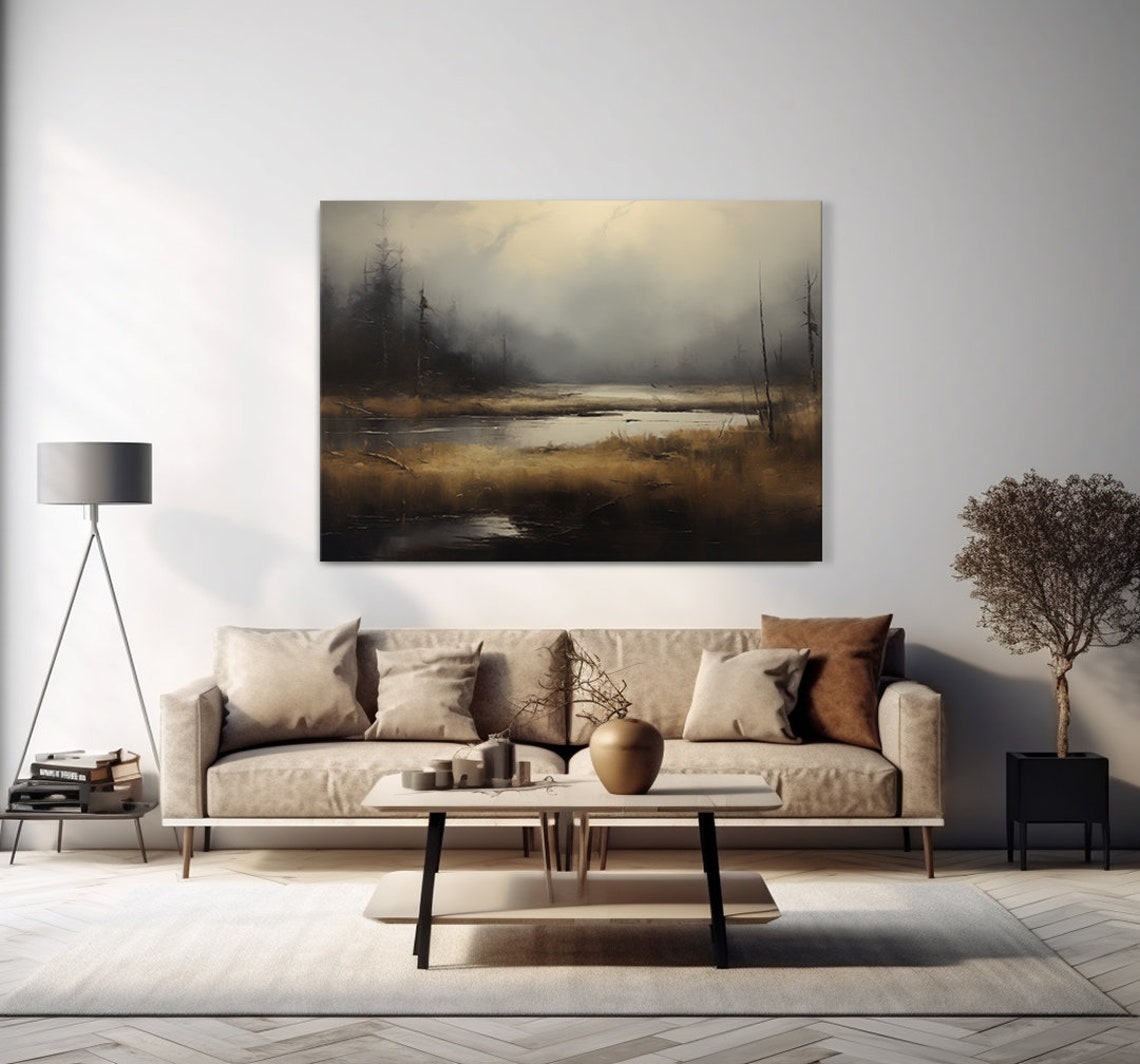 Dark Foggy Lake Bare Trees Misty Moody Wetland Painting Art Print - Image 4