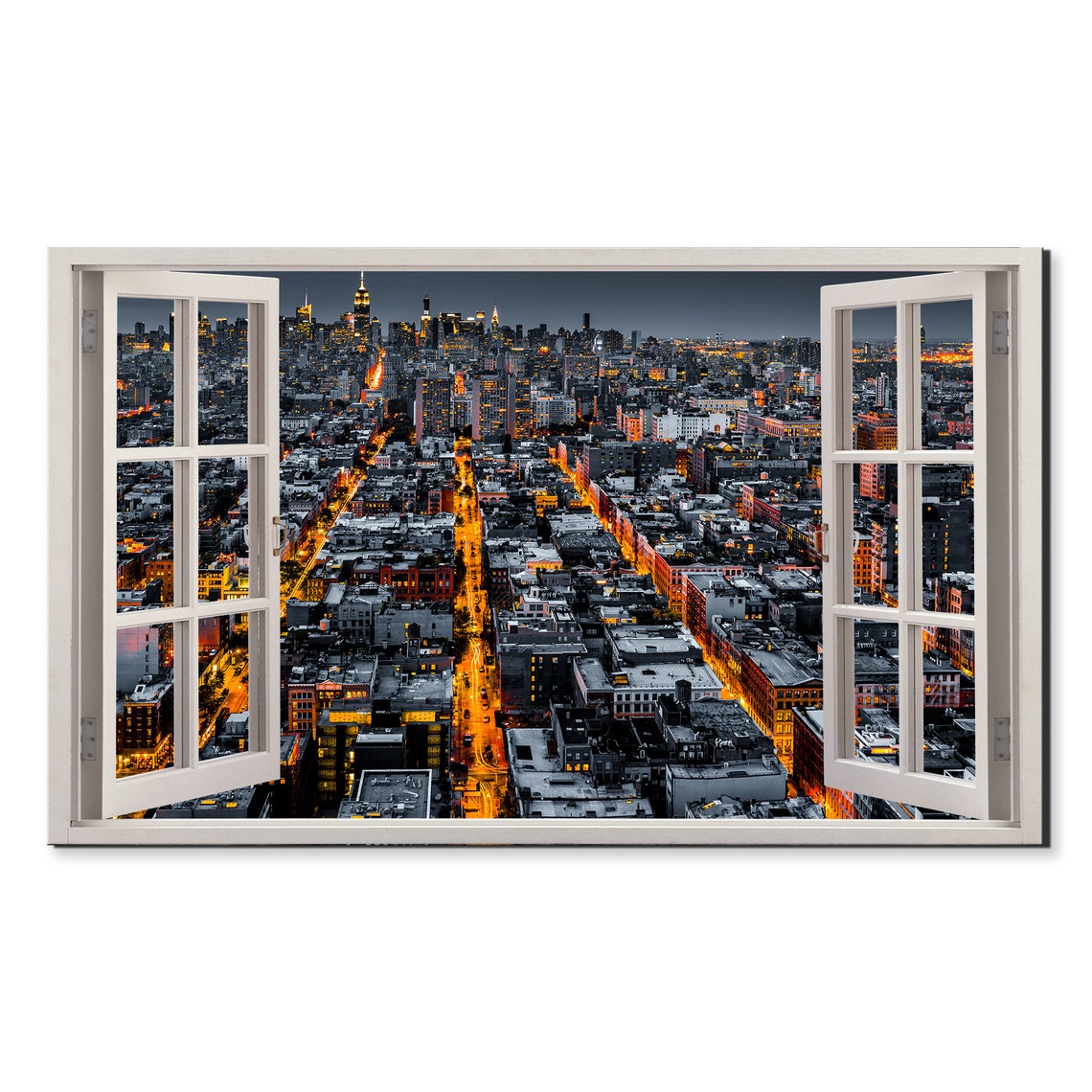 New York City Night Skyline Open Window View Manhattan Lights Poster