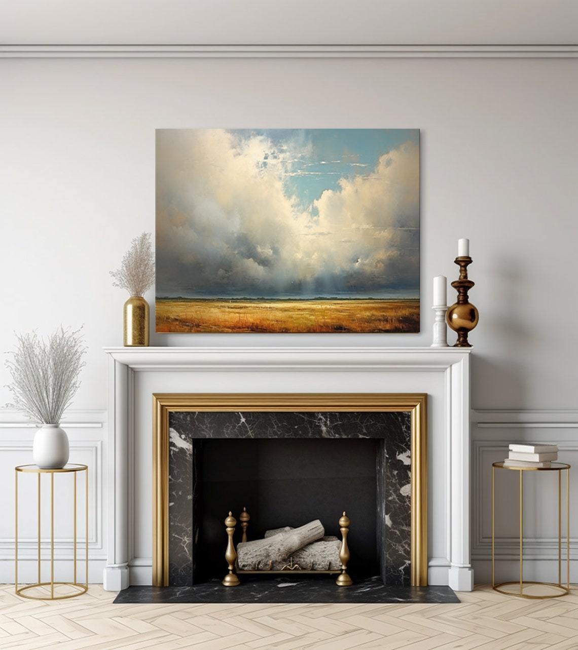 Dramatic Clouds Over Golden Grass Field Rainstorm Moody Sky Poster - Image 3