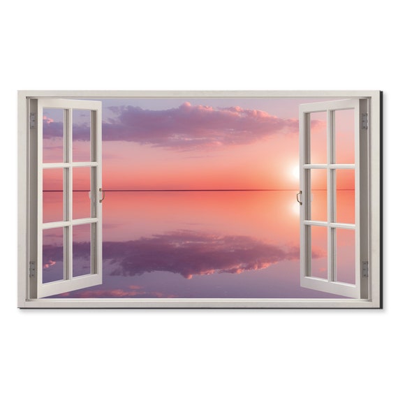Pink Lilac Sunset Seascape Window View Window Frame Style Modern Design Home Decor Print Wall Art Picture Ready To Hang