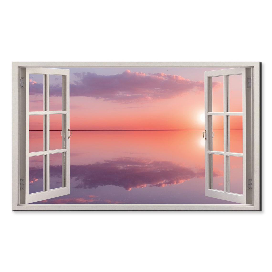 Pink Lilac Sunset Seascape Window View Window Frame Style Modern Design Home Decor Print Wall Art Picture Ready To Hang
