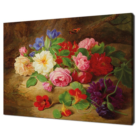 A Forest Floor With Roses And Butterfly Still Life Vintage Victorian Oil Painting Print Bouquet Of Colourful Flowers Fine Art Print