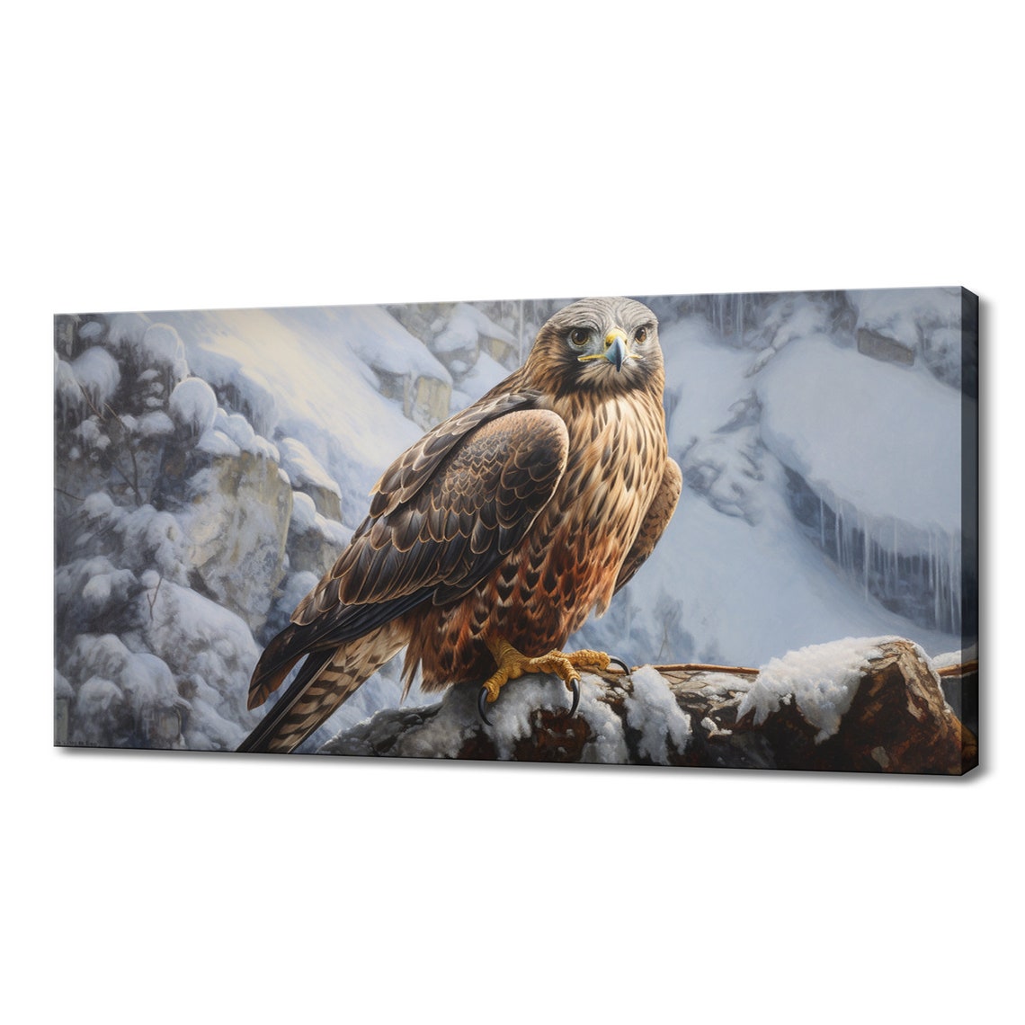 Hawk Perched Snowy Rock Mountain Backdrop Painted Bird Of Prey Poster