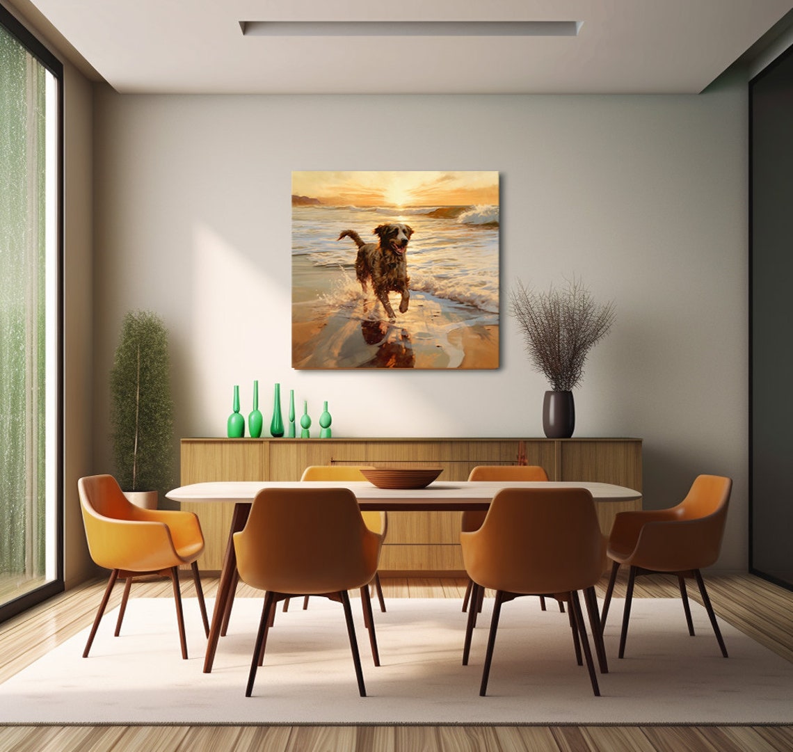 Happy Dog Running On The Beach At Golden Sunset Painting Print - Image 2