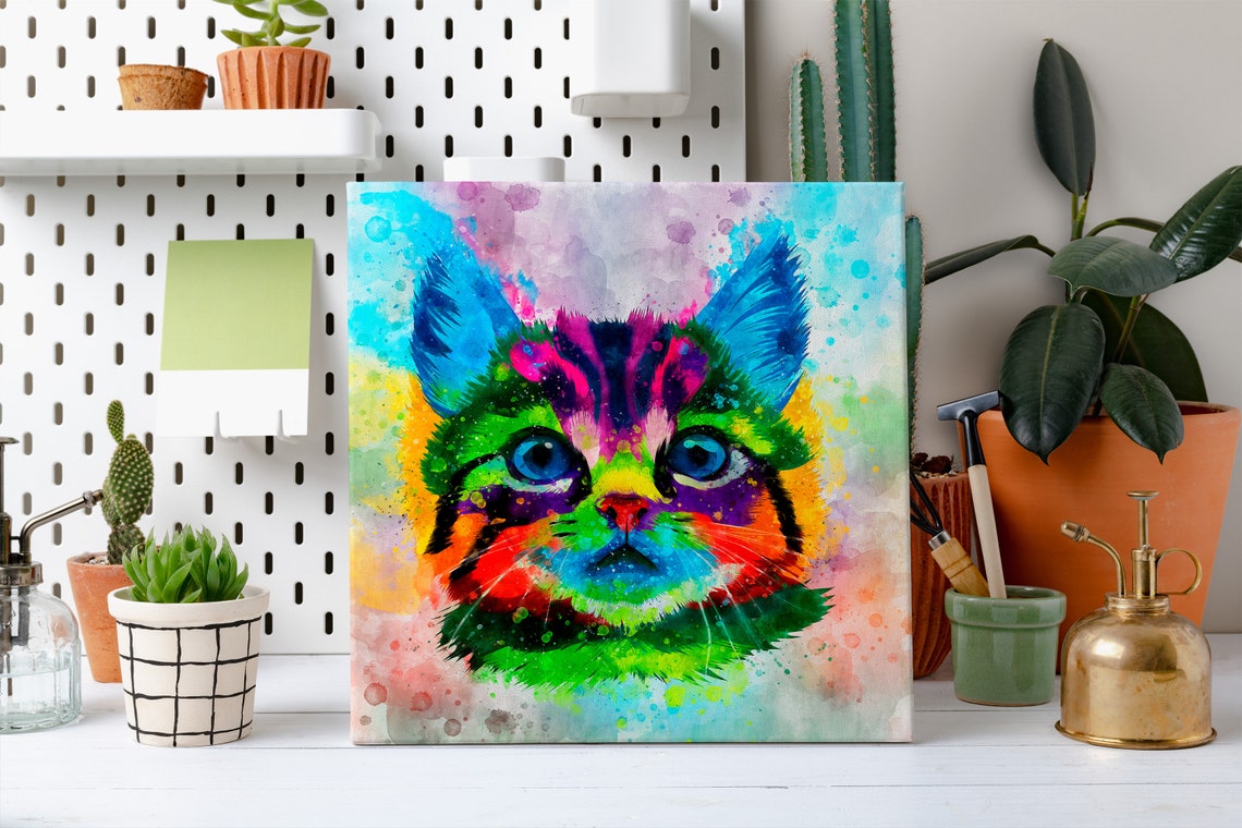 Kitten Rainbow Watercolor Cute Big Eyed Face Front Splash Poster - Image 2
