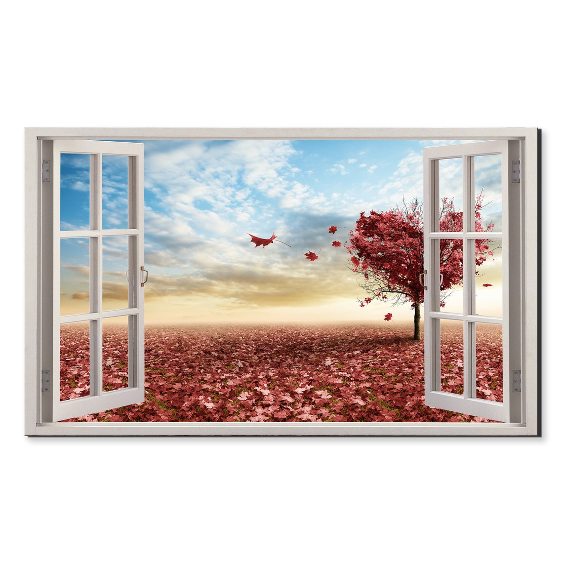 Red Maple Tree Falling Autumn Leaves Through Window Wall Art
