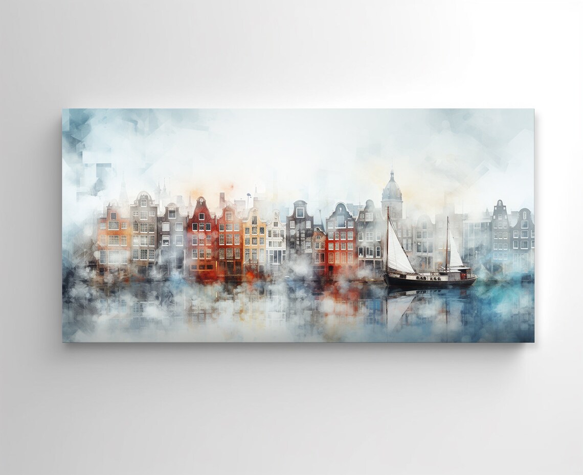 Amsterdam Canal Houses Watercolor Misty Harbor Sailboat Skyline Poster - Image 2