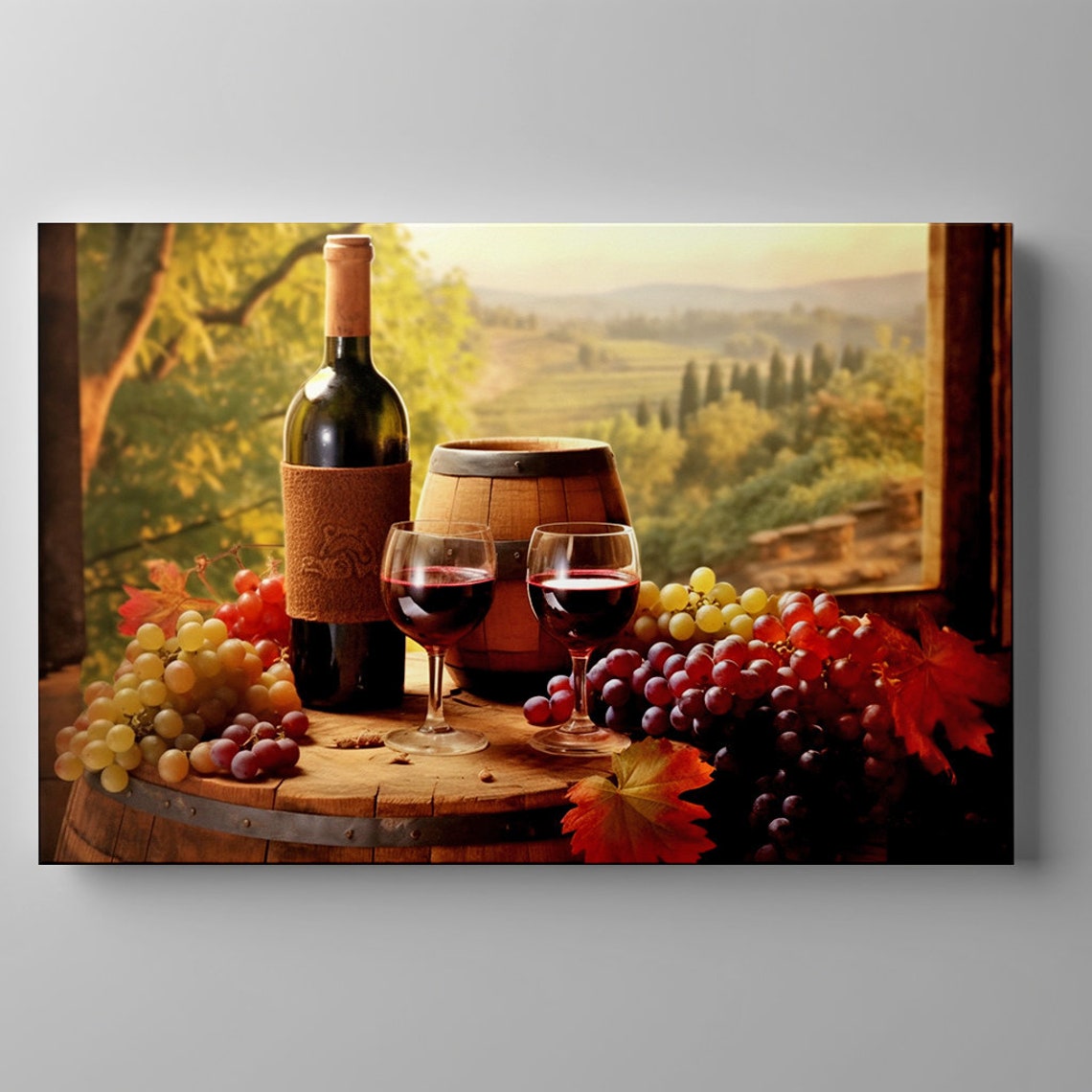 Vintage Red Wine Bottle Glasses Grapes Autumn Barrel Vineyard Print - Image 3