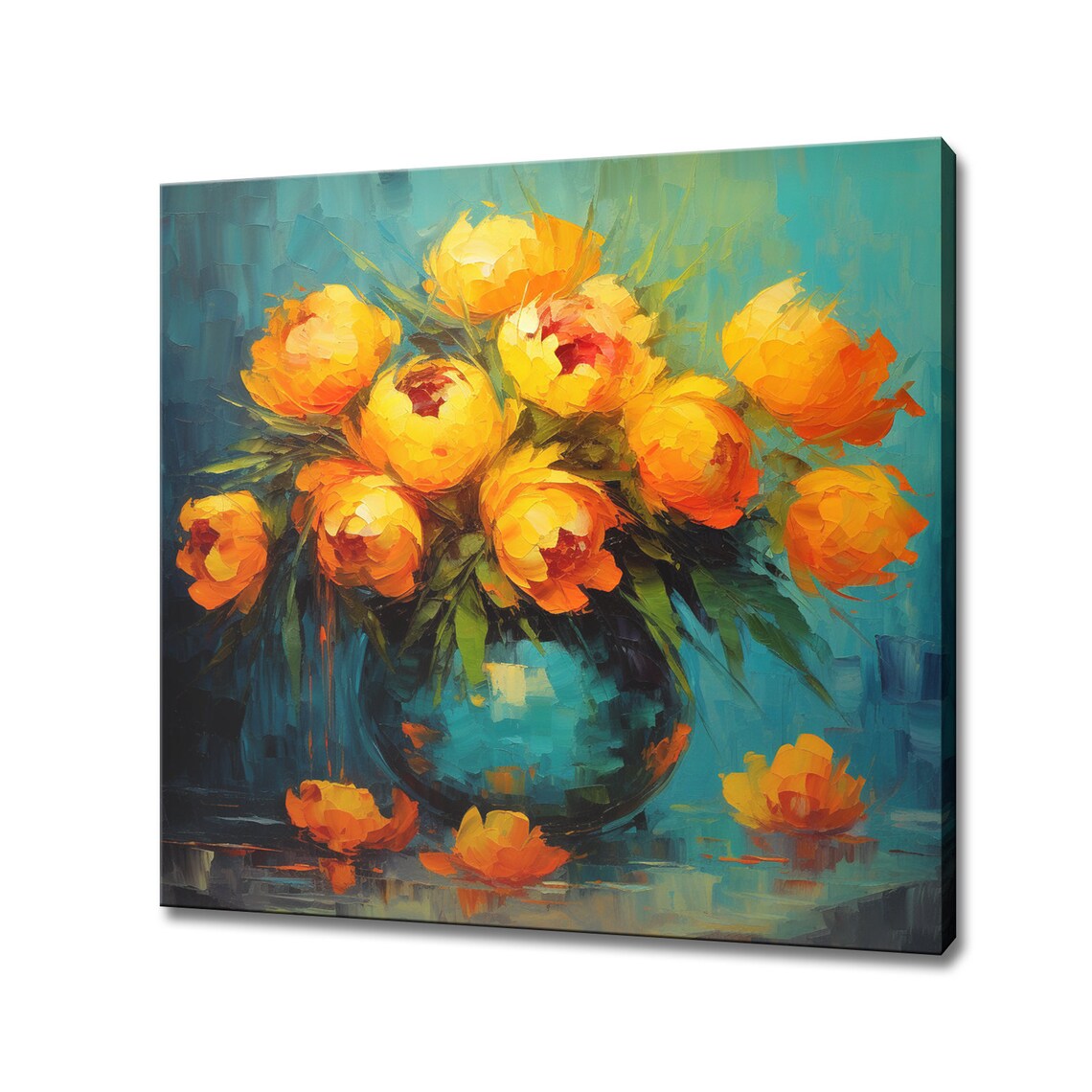 Yellow Peony Bouquet Blue Vase Impasto Oil Painting Floral Poster