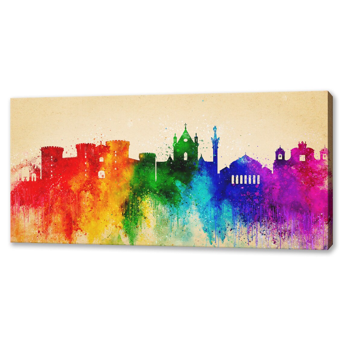 Naples Italy Historic Castel Skyline Rainbow Watercolour Travel Poster