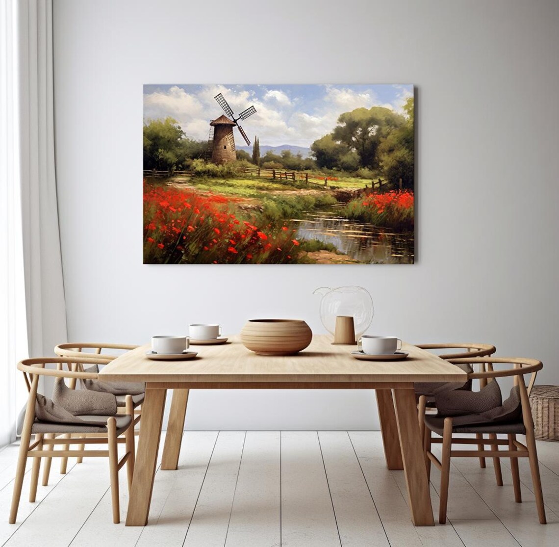 Red Poppies and Windmill, Vintage Farmhouse Art Print - Image 4