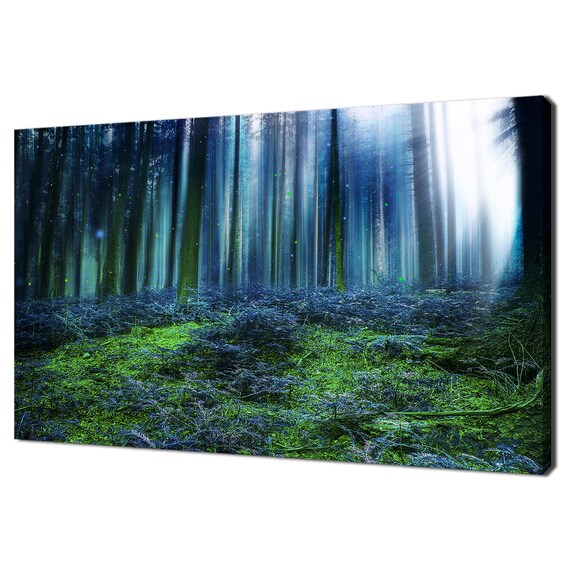 Blue Magical Fairytale Forest Landscape Modern Design Print Wall Art Picture