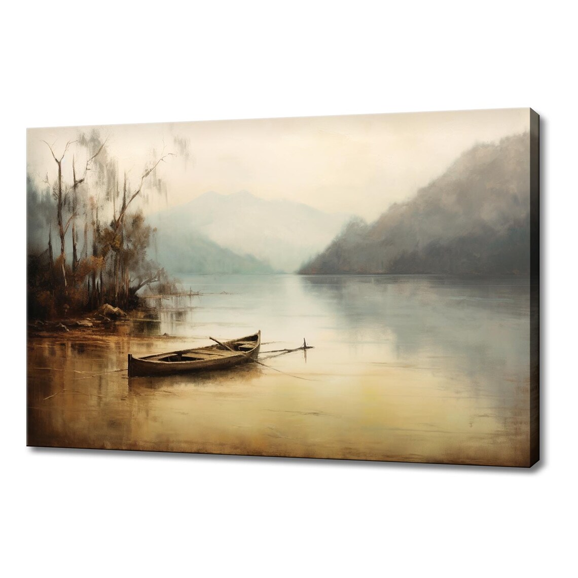 Lone Rowboat On Foggy Mountain Lake Serene Muted Vintage Poster