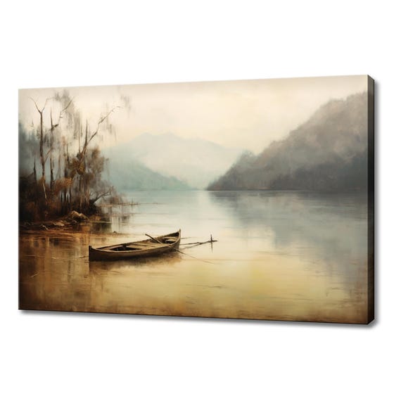Boat On The Foggy Lake Vintage Landscape Muted Painting Style Print Farmhouse Decor Art Picture Wall Hanging Fine Art Print