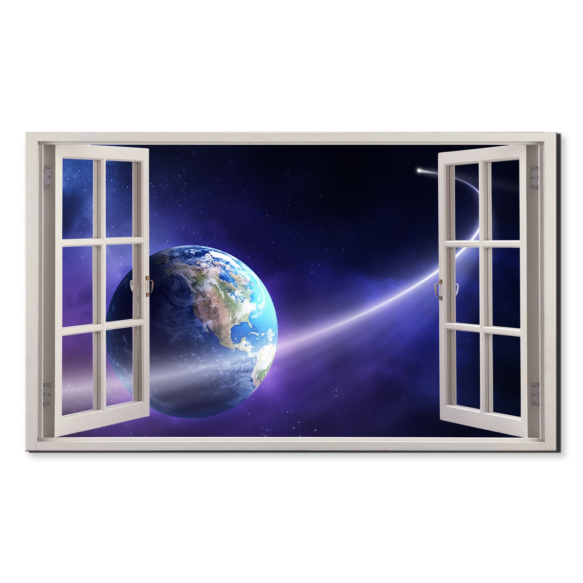 Planet Earth And Comet Through Open Window Illusion Space Poster
