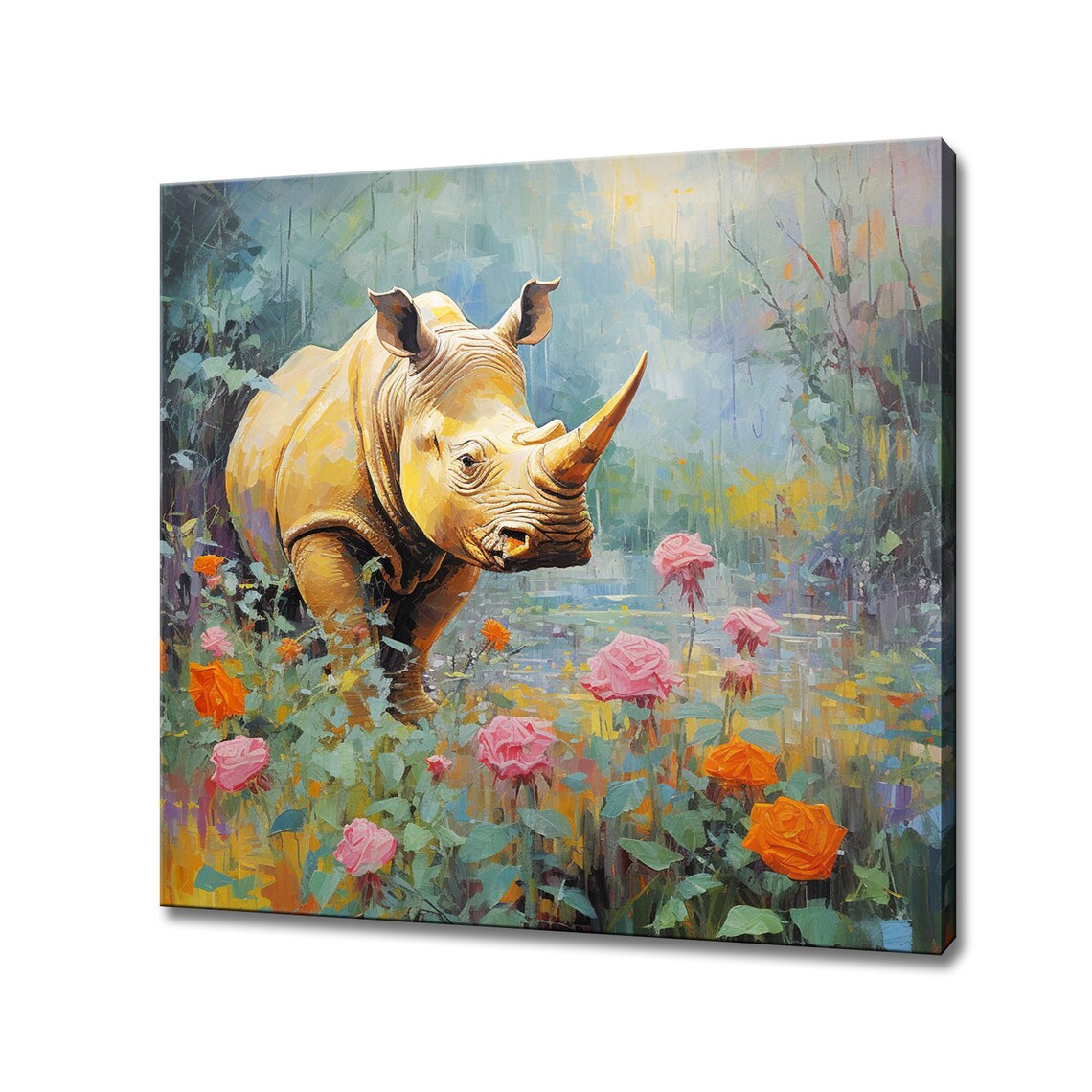 Rhinoceros Pink Roses Pond Colourful Wildlife Painting Animal Wall Art