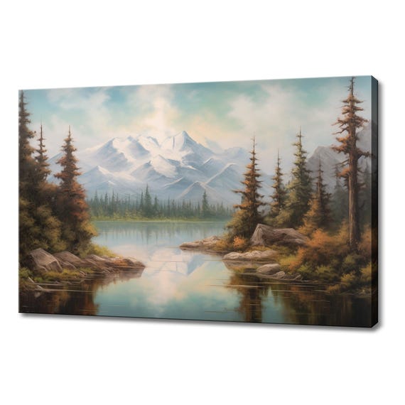 Lake In Snowy Winter Mountains Landscape Vintage Painting Style Print Farmhouse Decor Art Picture Wall Hanging Fine Art Print