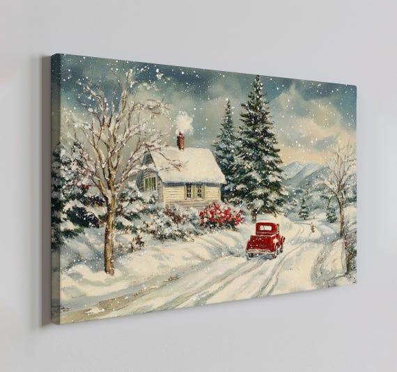 Snowy Winter Hut Red Car Track Vintage Painting Style Print Farmhouse Decor Art Winter Scenery Picture Wall Hanging