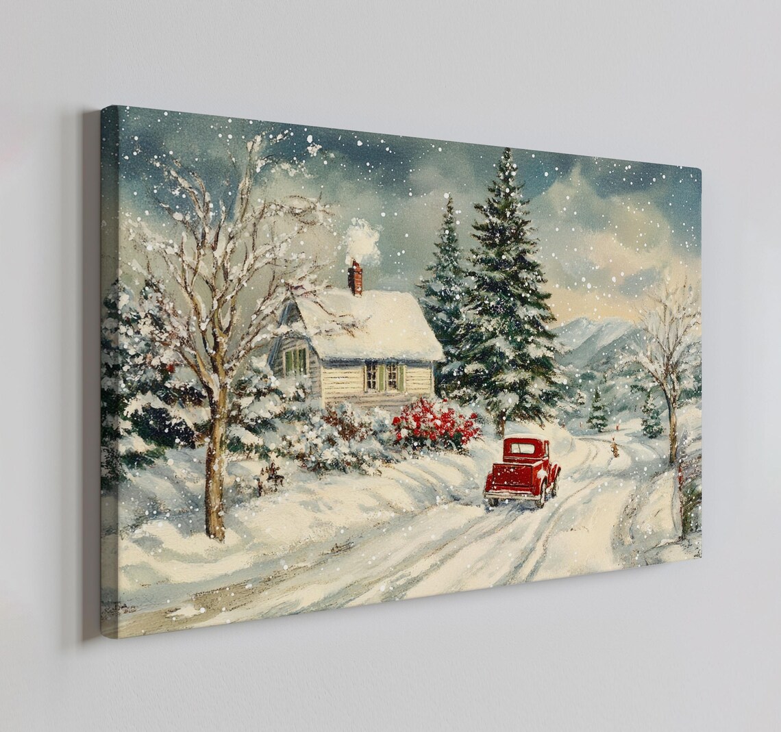 Snowy Winter Cabin With Red Truck On Snow Road Vintage Painting Poster