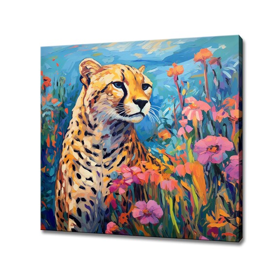 Colorful Cheetah Portrait Painting Among Flowers Pop Art Wall Print