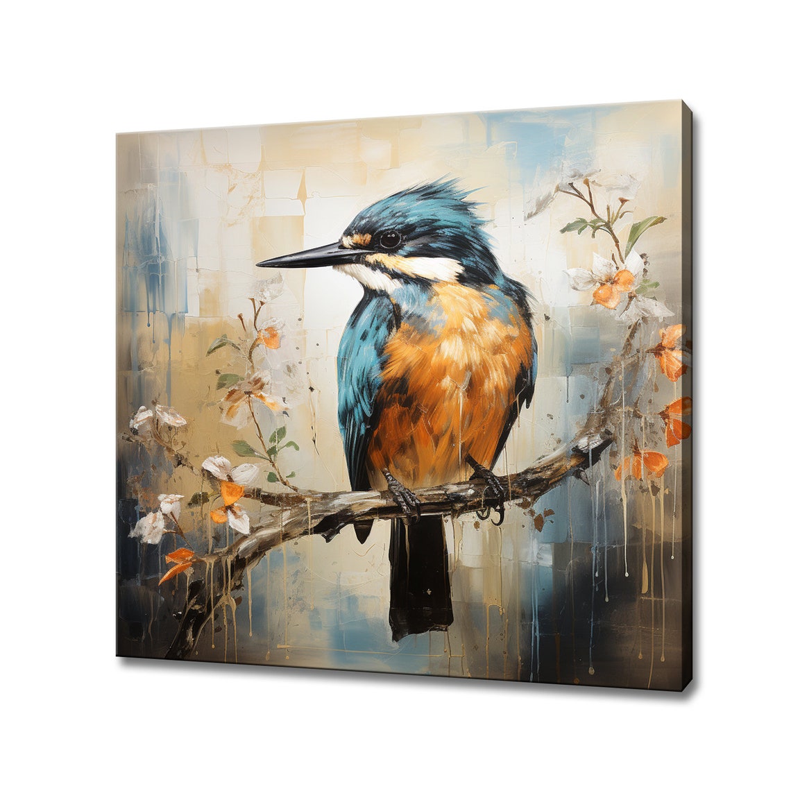 Kingfisher Blossom Branch Beige Abstract Background Bird Art Print