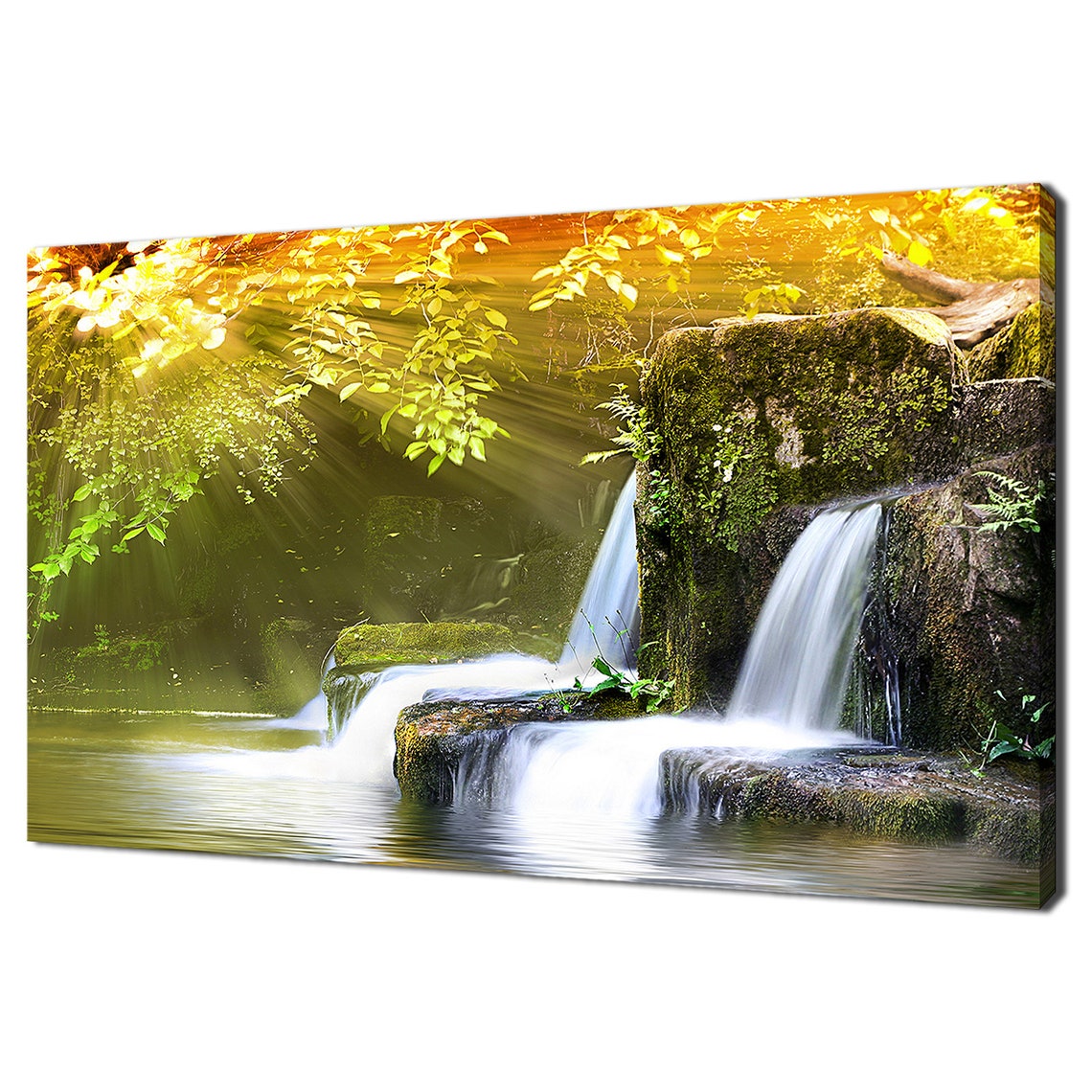 Autumn Waterfall Mossy Rocks Sunbeam Forest Nature Scene Poster