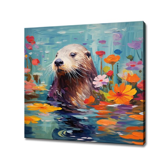 Cute Otter In Blue Water Among Colorful Flowers Impressionist Art Poster