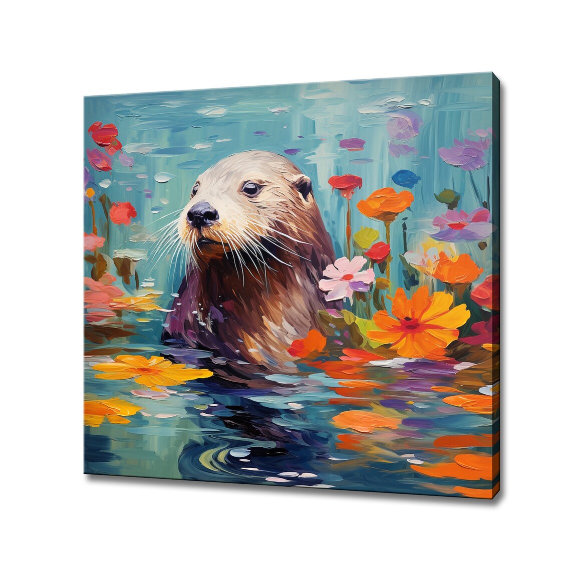 Cute Otter In Blue Water Among Colorful Flowers Impressionist Art Poster