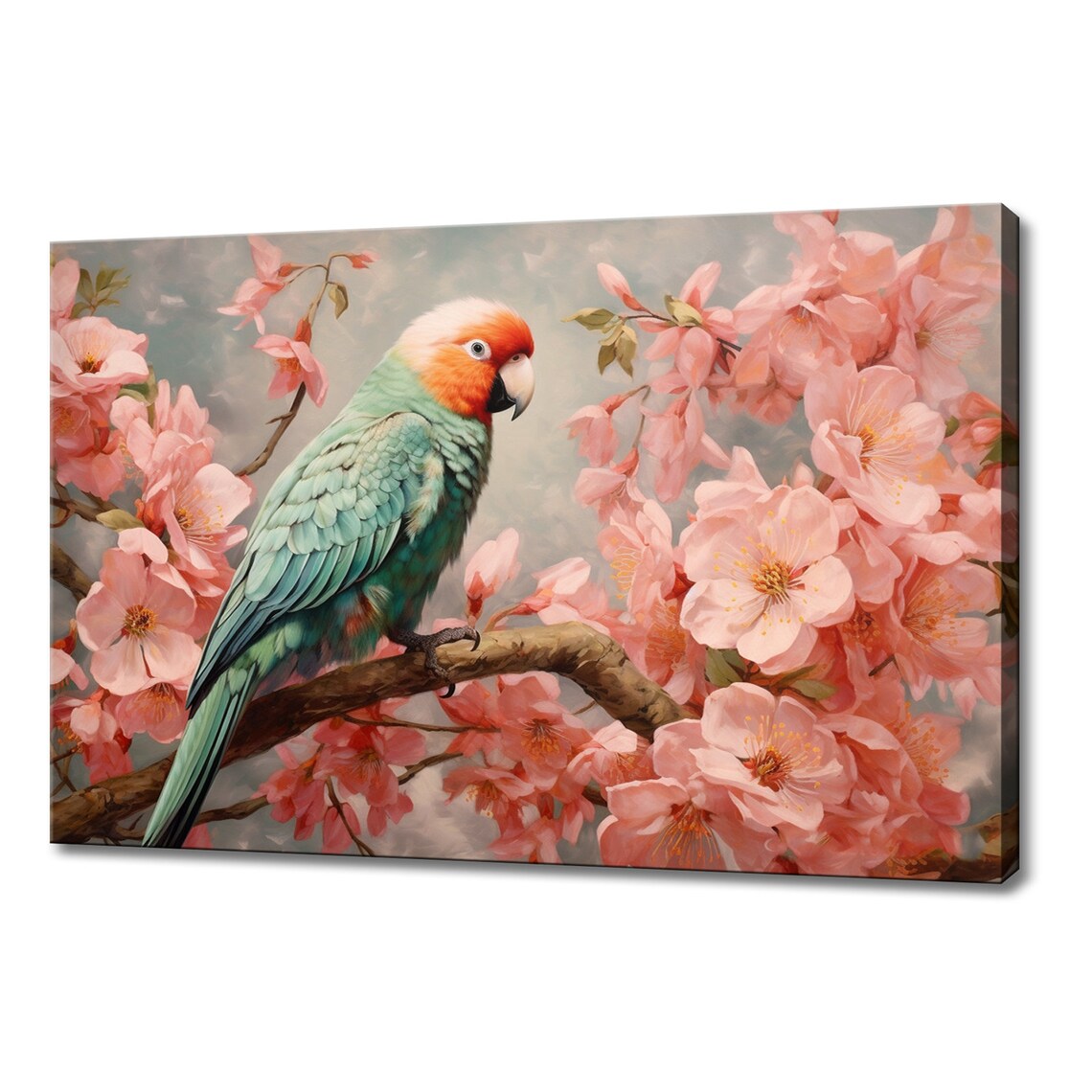 Green Parrot With Orange Face On Pink Blossom Branch Painting Poster