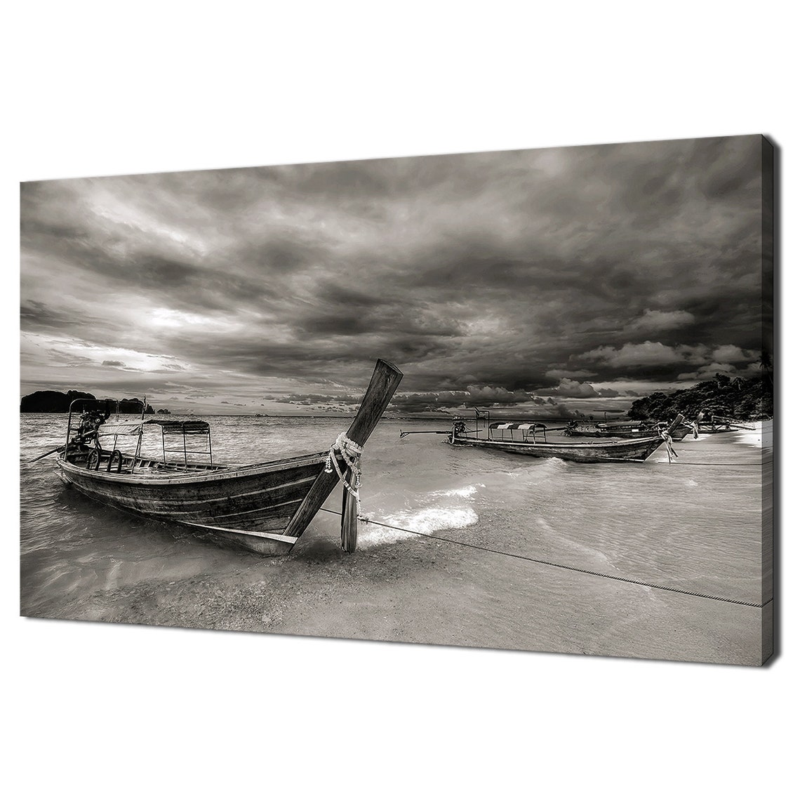 Traditional Thai Longtail Boats Beach Black And White Coastal Poster