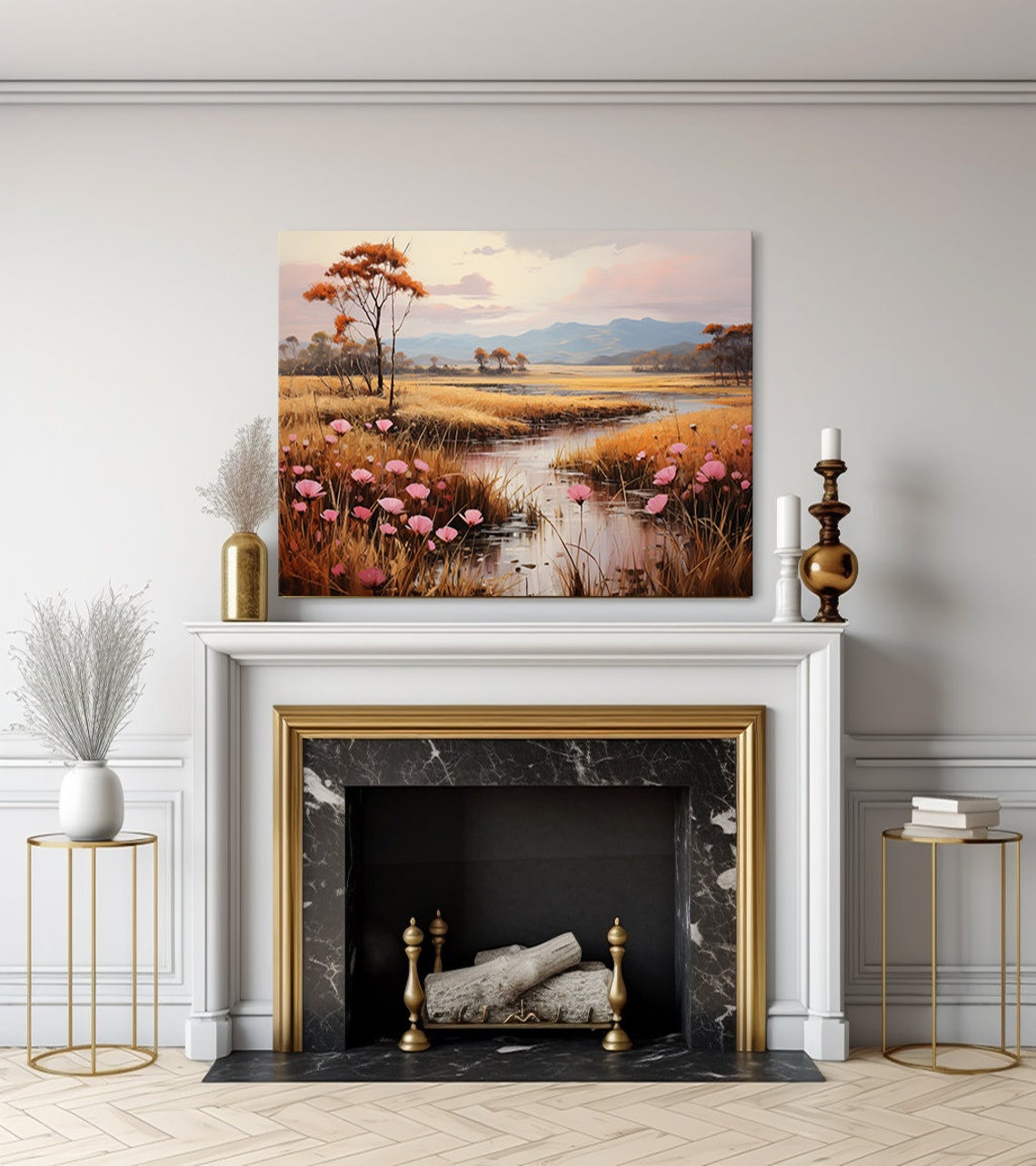 Pink Cosmos By Autumn River Golden Marsh Sunset Landscape Poster - Image 3