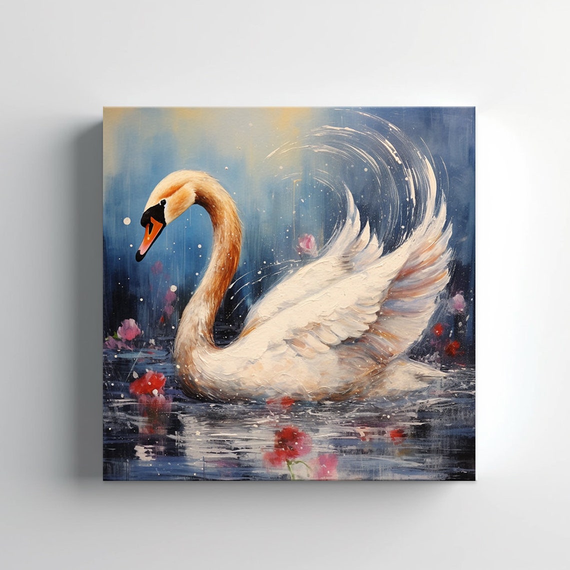 Elegant Swan On Midnight Lake With Blossoms Dramatic Blue Wall Art - Image 4